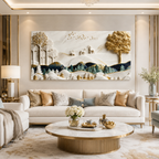 Luxury 3D Mountain Landscape Wall Painting with Forest Trees, Deer and Golden Artistic Details