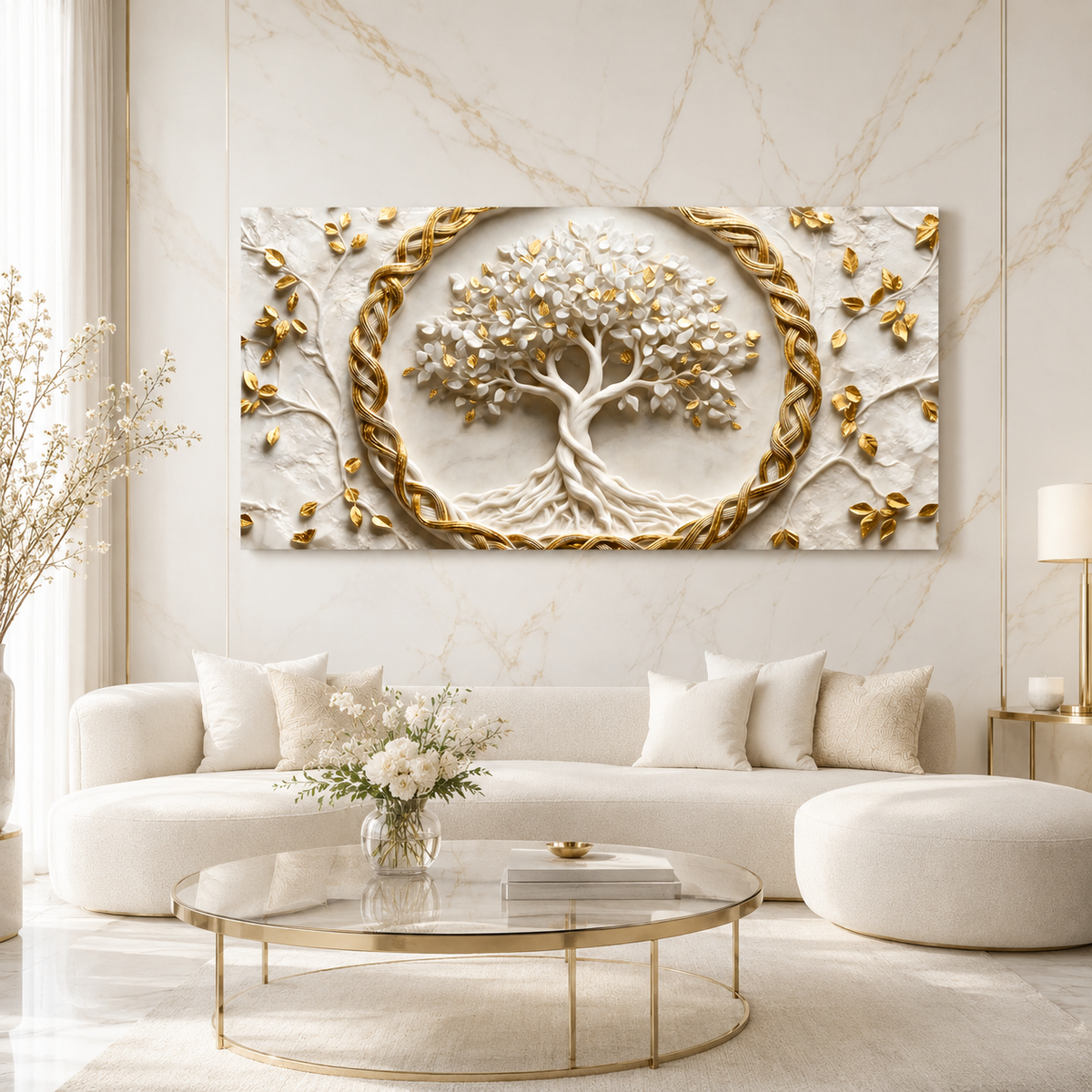 Spiritual Tree of Life 3D Painting with Golden Leaves for Elegant Home Decor