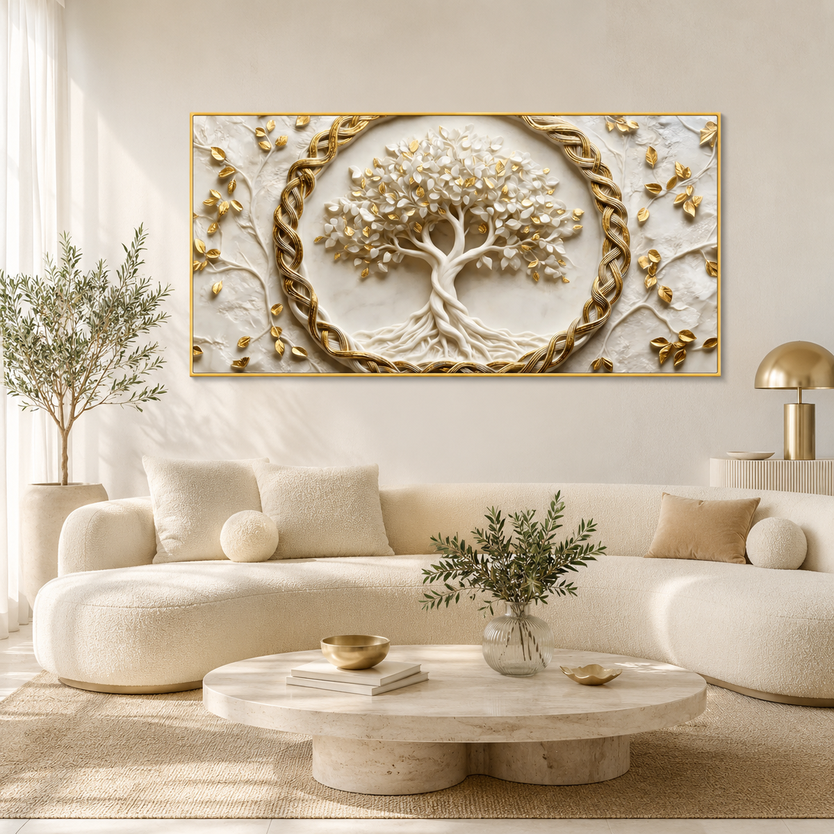 Spiritual Tree of Life 3D Painting with Golden Leaves for Elegant Home Decor