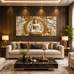 Minimalist Luxury 3D Marble Texture Wall Art Golden Buddha Canvas Painting