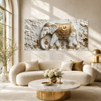 White Marble Royal Elephant 3D Carved Wall Relief Hanging Canvas Art Print