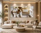 Luxury 3D Elephant Wall Painting – White & Gold Royal Elephant Artwork for Living Room
