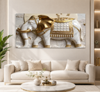 Luxury 3D Elephant Wall Painting – White & Gold Royal Elephant Artwork for Living Room