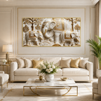 Traditional Royal Elephant Family 3D Canvas Decor - Vastu & Feng Shui Inspired Wall Painting
