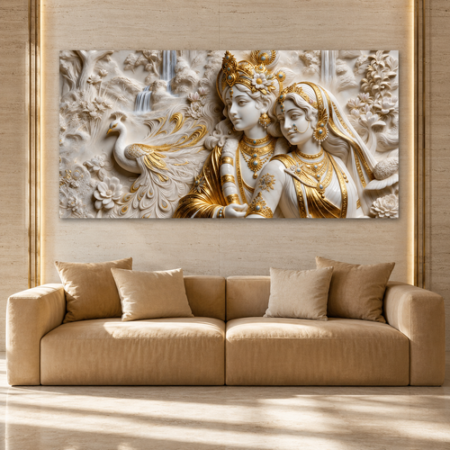 Radha Krishna 3D Wall Art Painting with Peacock and White Gold Finish for Living Room