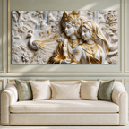 Radha Krishna 3D Wall Art Painting with Peacock and White Gold Finish for Living Room