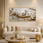 Premium Framed 3D Wall Art White Marble Texture Golden Accent Birds Artwork