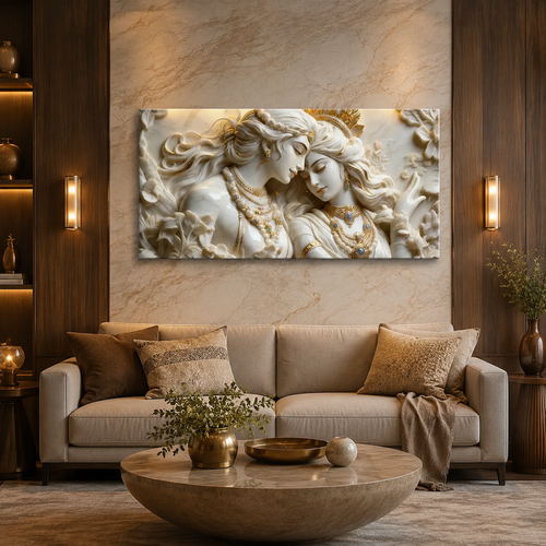 Elegant Modern 3D Wall Art Sculpted Marble Radha Krishna Canvas Painting