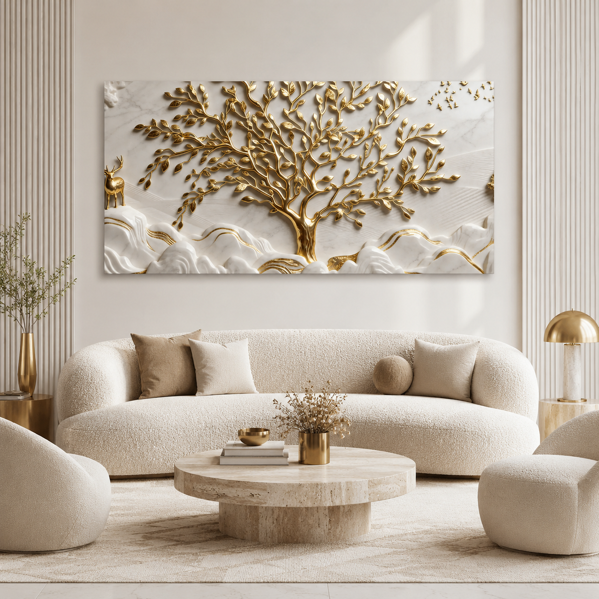 Luxurious 3D Marble Texture Golden Tree Wall Decor Canvas Print Frame