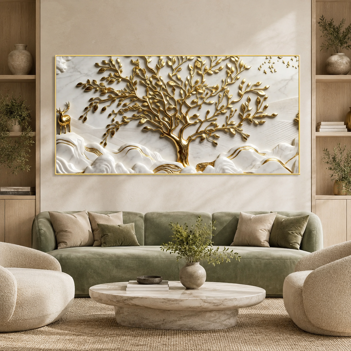 Luxurious 3D Marble Texture Golden Tree Wall Decor Canvas Print Frame
