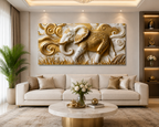 Elegant 3D Embossed Golden Elephant Painting - Sculpted Faux Marble Wall Decor for Living Room