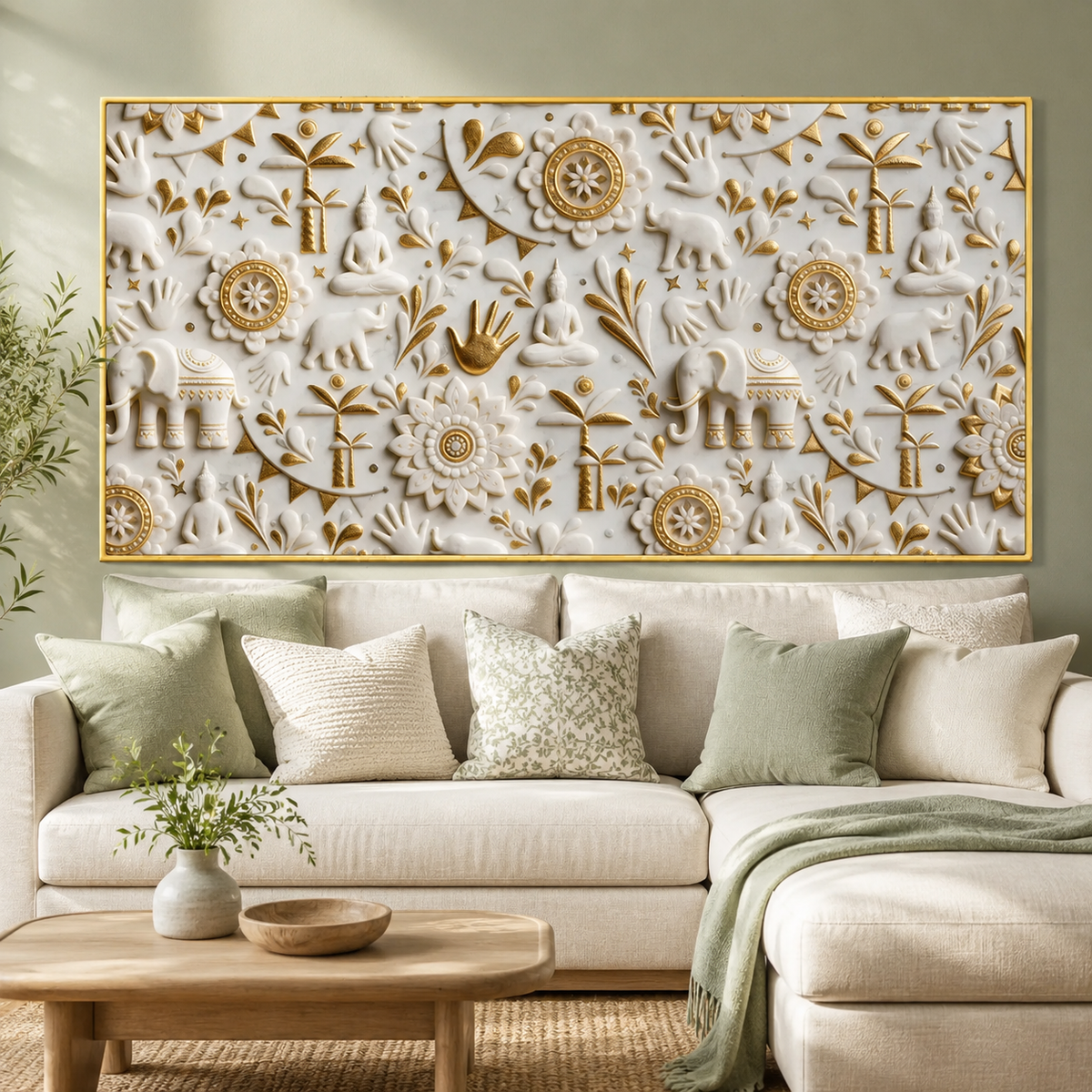 Royal 3D White Gold Spiritual Elephant and Buddha Mandala Canvas Wall Art
