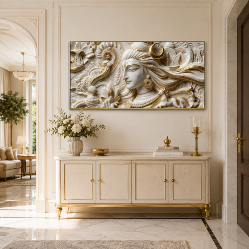 Serene 3D Embossed Lord Shiva Painting - White Marble & Gold Leaf Wall Decor for Living Room