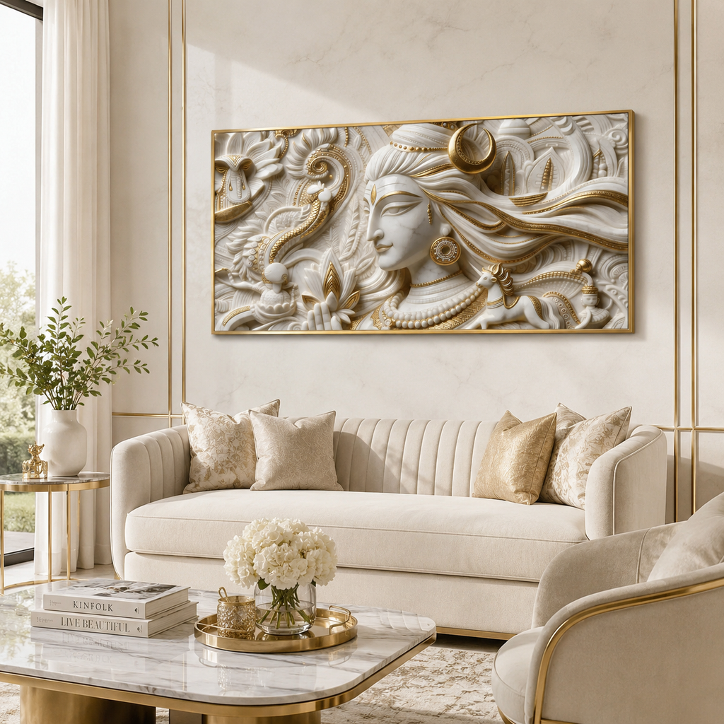 Serene 3D Embossed Lord Shiva Painting - White Marble & Gold Leaf Wall Decor for Living Room