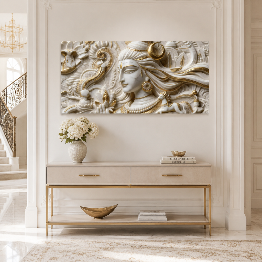Serene 3D Embossed Lord Shiva Painting - White Marble & Gold Leaf Wall Decor for Living Room