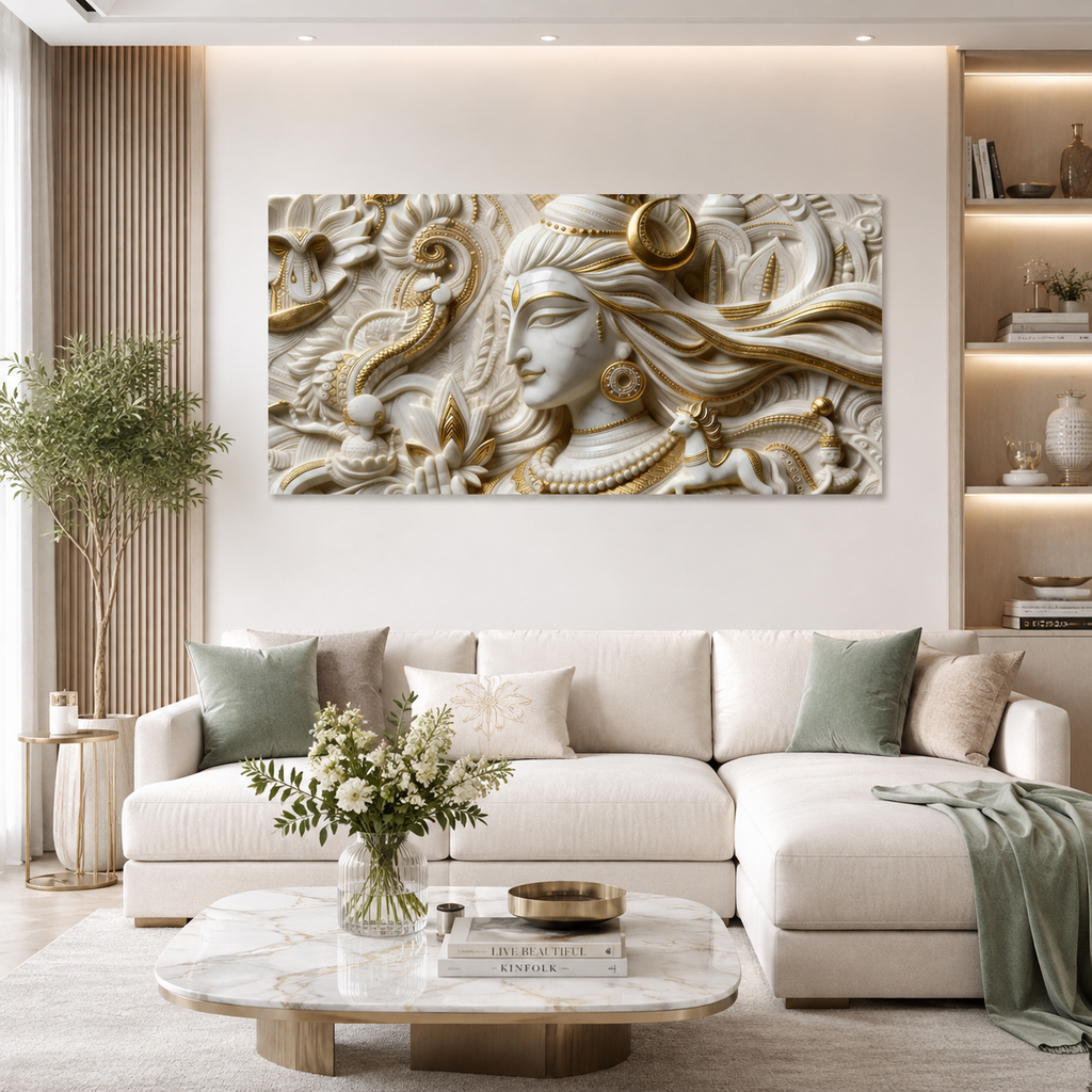 Serene 3D Embossed Lord Shiva Painting - White Marble & Gold Leaf Wall Decor for Living Room