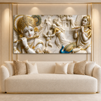 Artistic 3D Lord Krishna Flute and Radha White Gold Canvas Wall Art