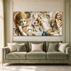 Artistic 3D Lord Krishna Flute and Radha White Gold Canvas Wall Art