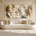 Artistic 3D Lord Krishna Flute and Radha White Gold Canvas Wall Art