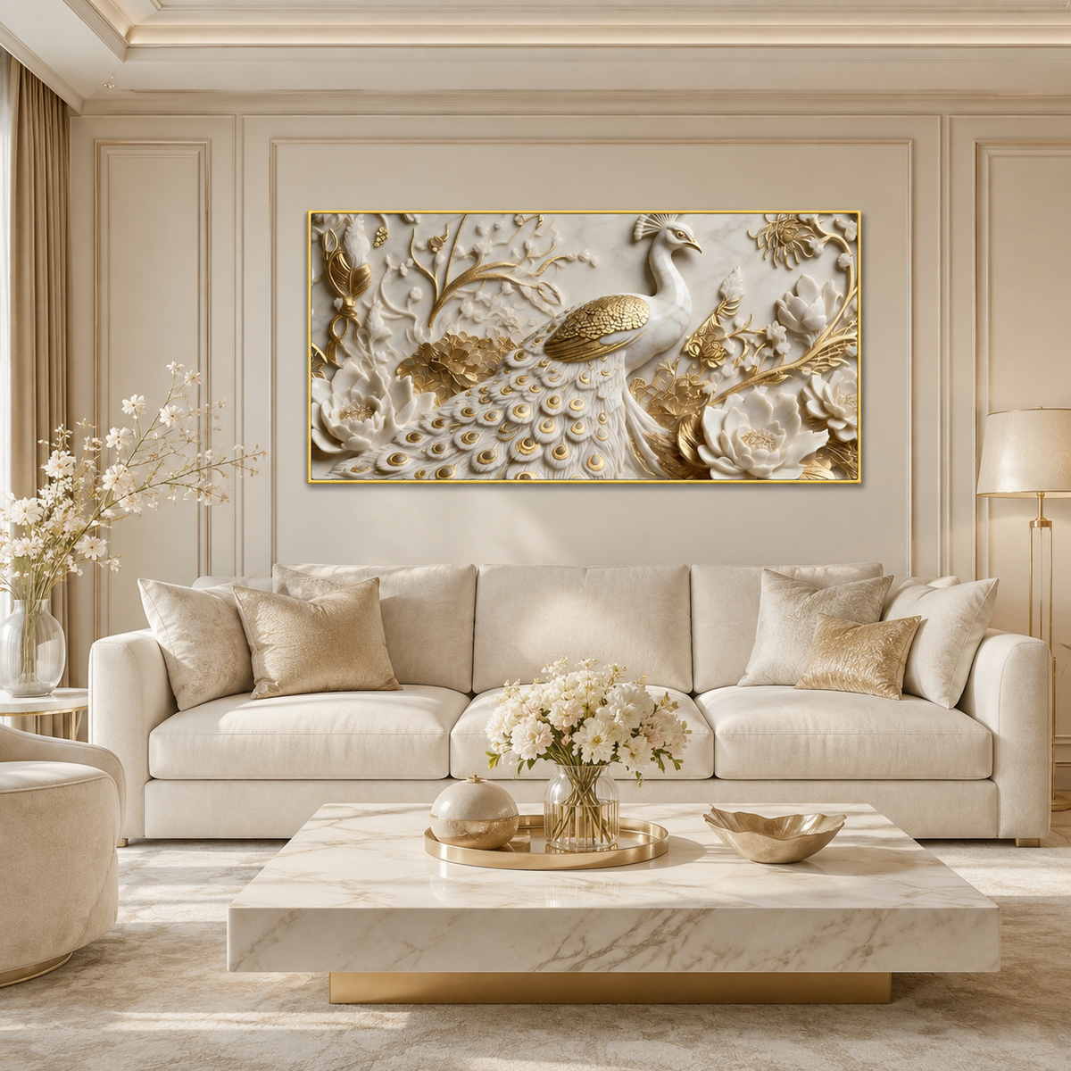 Modern 3D Peacock with Blooming Lotus Flowers - Premium Framed Gold Accent Wall Decor