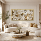 Modern 3D Peacock with Blooming Lotus Flowers - Premium Framed Gold Accent Wall Decor