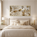 Modern 3D Peacock with Blooming Lotus Flowers - Premium Framed Gold Accent Wall Decor