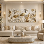 Modern 3D Peacock with Blooming Lotus Flowers - Premium Framed Gold Accent Wall Decor