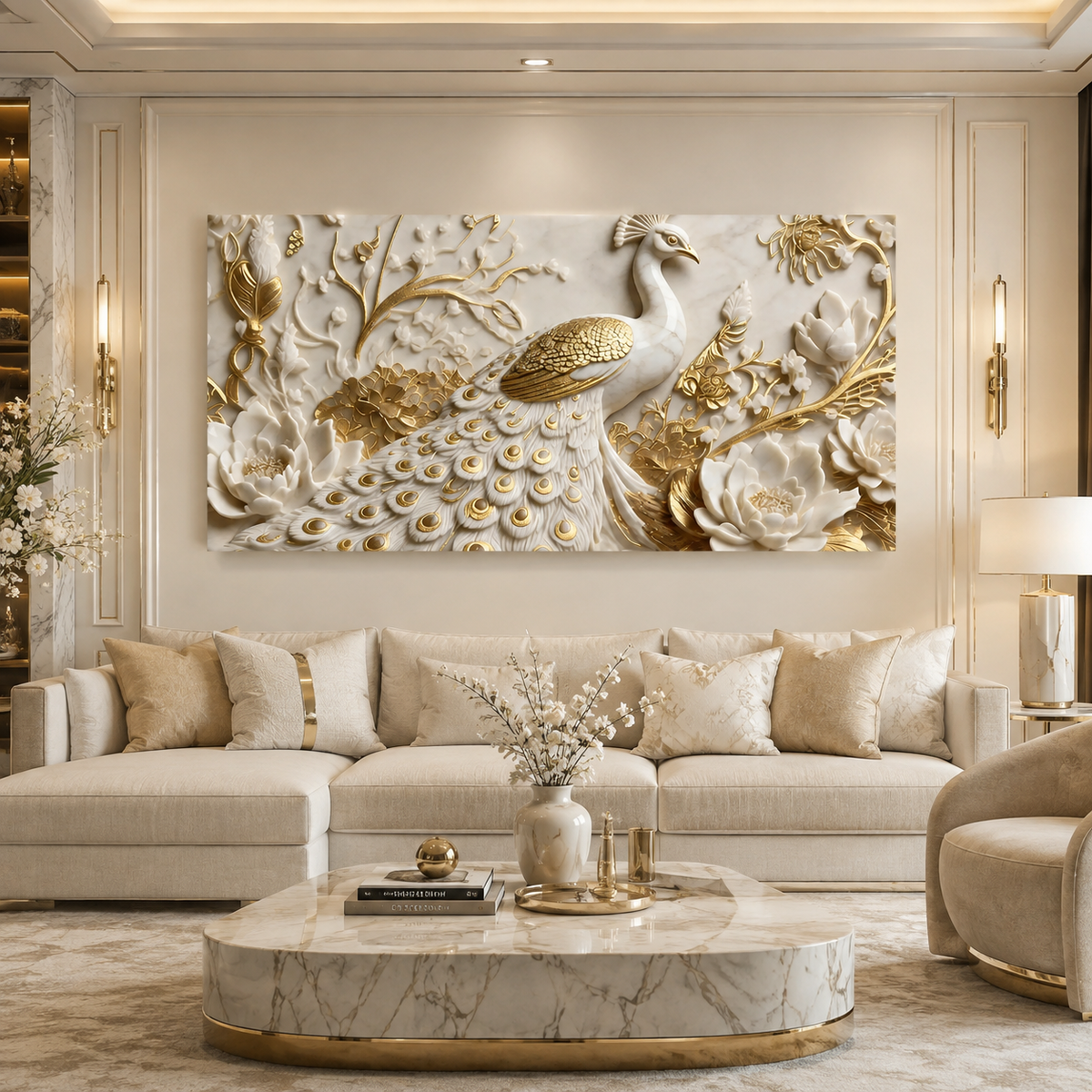 Modern 3D Peacock with Blooming Lotus Flowers - Premium Framed Gold Accent Wall Decor