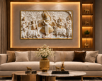 Minimalist Luxury 3D Marble Texture Wall Art Golden Flute Krishna Canvas Painting
