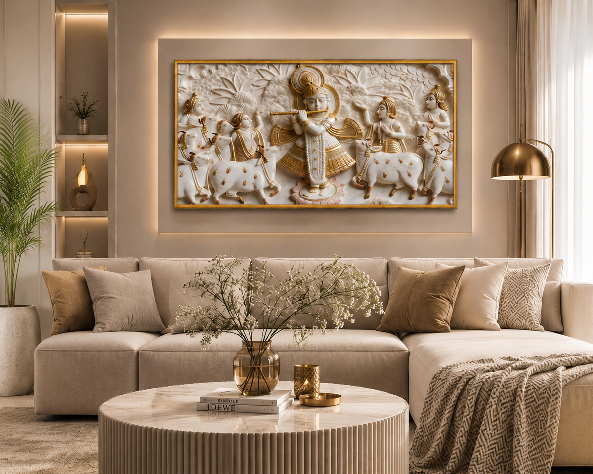 Minimalist Luxury 3D Marble Texture Wall Art Golden Flute Krishna Canvas Painting