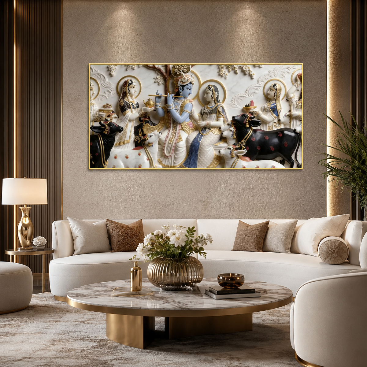 Modern Luxury 3D Divine Krishna Family Wall Decor - Sculpted Relief Canvas for Living Room