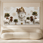 Elegant 3D Nathdwara Shrinathji with Cows White Gold Canvas Painting