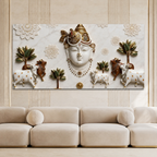 Elegant 3D Nathdwara Shrinathji with Cows White Gold Canvas Painting