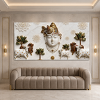 Elegant 3D Nathdwara Shrinathji with Cows White Gold Canvas Painting