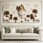 Elegant 3D Nathdwara Shrinathji with Cows White Gold Canvas Painting