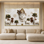 Elegant 3D Nathdwara Shrinathji with Cows White Gold Canvas Painting