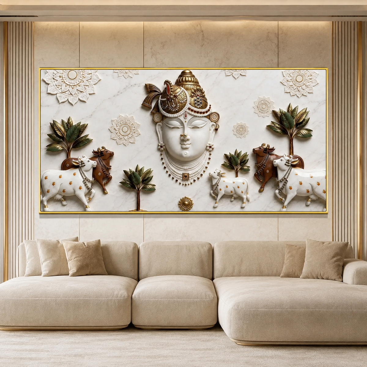 Elegant 3D Nathdwara Shrinathji with Cows White Gold Canvas Painting