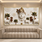 Elegant 3D Nathdwara Shrinathji with Cows White Gold Canvas Painting