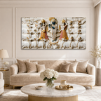 Divine 3D Krishna Radha Gopala White Gold Textured pichwai Canvas Wall Art