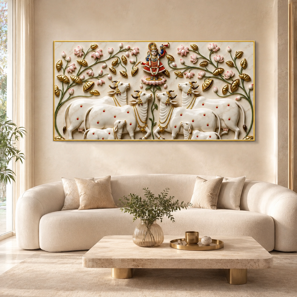 Traditional Pichwai Cow Herd Floral 3D Embossed Canvas Wall Painting