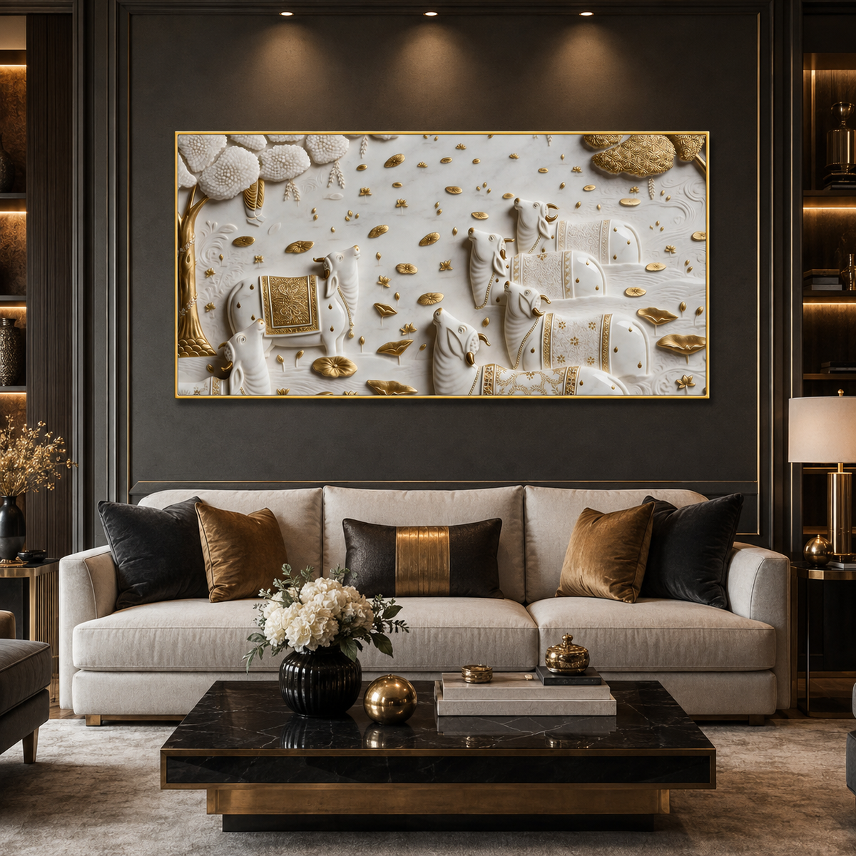 Luxurious 3D Sculpted Indian Sacred Cows Wall Decor - Pichwai Style Canvas Art with Gold Accents