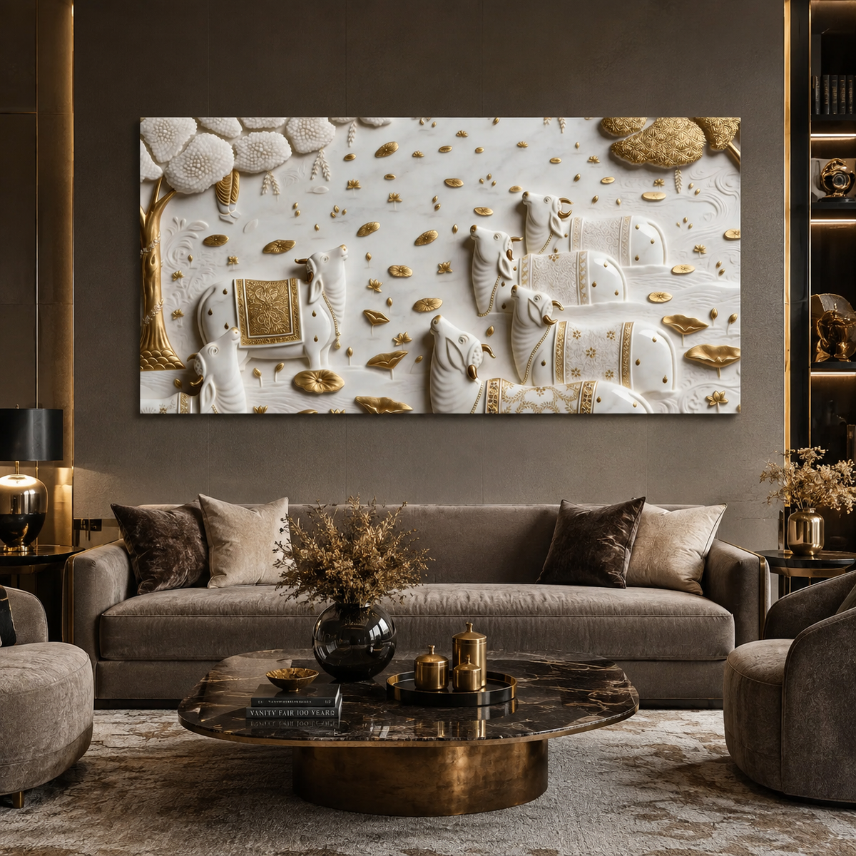 Luxurious 3D Sculpted Indian Sacred Cows Wall Decor - Pichwai Style Canvas Art with Gold Accents