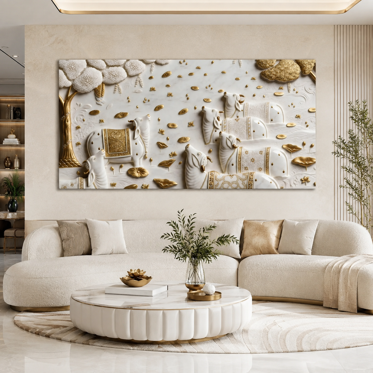 Luxurious 3D Sculpted Indian Sacred Cows Wall Decor - Pichwai Style Canvas Art with Gold Accents