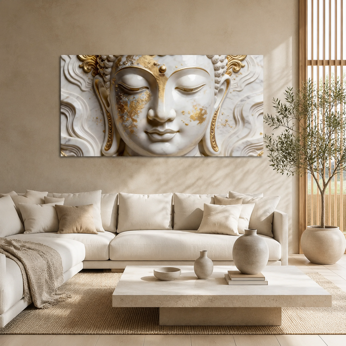 Buddha 3D Wall Painting White and Gold Spiritual Meditation Home Decor Artwork