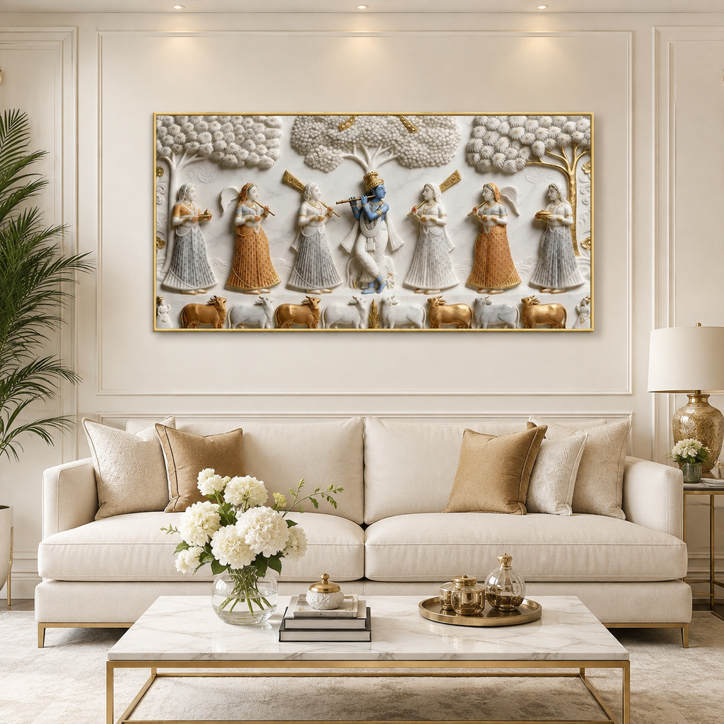 Traditional 3D Embossed Radha Krishna Playing Holi Painting High End Marble Effect Canvas painting