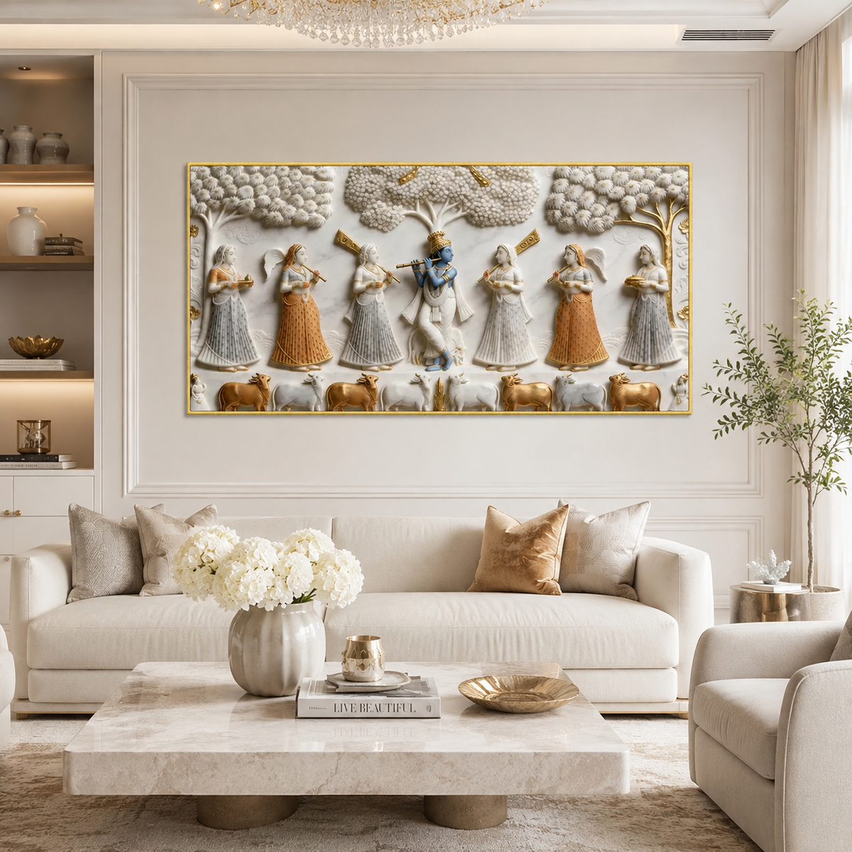 Traditional 3D Embossed Radha Krishna Playing Holi Painting High End Marble Effect Canvas painting