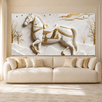 Royal 3D Majestic Horse with Golden Saddle White Canvas Wall Decor