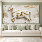 Royal 3D Majestic Horse with Golden Saddle White Canvas Wall Decor