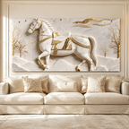Royal 3D Majestic Horse with Golden Saddle White Canvas Wall Decor