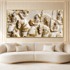 Royal 3D Kurukshetra War Scene White and Gold Embossed Canvas Painting